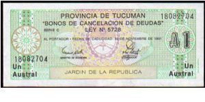 TUCUMÁN - 1 Austral - Pk S2771 b (1) - Decreto No. 307/3 (SH) - 1988- Jardín de la República
 Banknote
