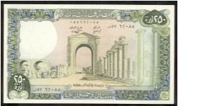 Lebanon 250 Livres 1988 P67. Deep gray-green and blue-black on multicolor underprint. Ruins at Tyras on face and reverse. Watermark is ancient circular sculpture w/ head at center from the grand temple podium. Banknote