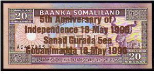 (Somaliland)

20 Shillings
Pk 10

(Indipendence Annivesary in Bronze - o.d 1994) Banknote