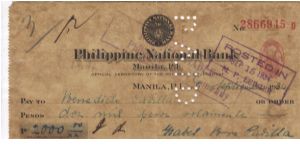 Philippine National Bank Check with 2 centavos imprinted internal revenue stamp. Banknote