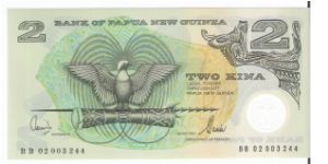 2 Kina.

Polymer plastic.

Front:Bird of Paradise

Back:Artifacts Banknote