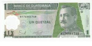 1 Quetzal.

Front:General J. Orellana, Quetzal bird at upper center 

Back: Banco de Guatemala building and ancient seals Banknote