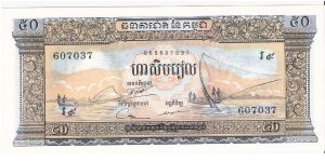 Front:
Firshermen fishing in Lake Tonle Sap

Back:
Angkor Wat

Watermark:
Buddha Banknote