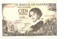 Brown on multicolour underprint. Gustavo Adolfo Becquer at center right, couple near fountain at lower left. Woman with parasol at center, Cathedral of Sevilla at left on back. Watermark: Woman's head Banknote