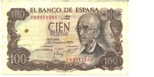 Brown on pale orange and multicolour underprint. Manuel de Falla at right and as watermark. The summer residence of the Moorish kings in Granada (Alhambra) at left center on back. Banknote