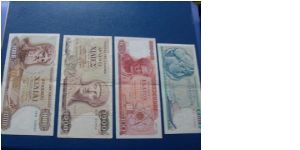 BANKNOTES : 50 DRAHME 1964 - UNC, 100 DRAHME 1967 - UNC, 1000 DRAHME 1970 - UNC, 1000 DRAHME 1987 - VF FROM GREECE. Banknote
