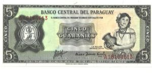 Like #194

Black on multiclour underprint. Girl holding jug at right, red serial # at upper left and lower right. Hotel Guarani on back. Two signature varieties. Banknote