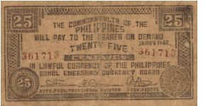 S-133 Bohol 25 Centavos note. I will sell or trade this note for Philippine or Japan occupation notes that I need. Banknote