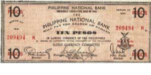 S-309a Iloilo 10 Pesos note. I will sell or trade this note for Philippine or Japan occupation notes I need. Banknote