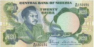 20 Naira;  Nigerian Coat of Arms on back Banknote