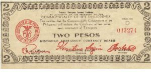 S-536 Mindanao 2 Pesos note. I will sell or trade this note for Philippine or Japan occupation notes I need. Banknote