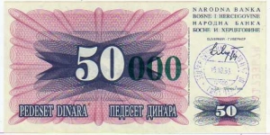 50'000 Dinara__
pk# 55a__
Ovpt on 50 Dinara
(Green)__
15-10-1993 
 Banknote