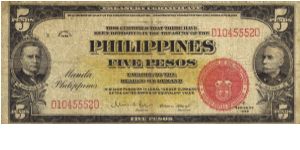 PI-83a Philippines 5 Pesos note. I will sell or trade this note for Philippine or Japan occupation notes I need. Banknote