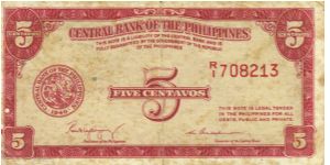PI-126 Central Bank of the Philippines 5 Centavos note. I will sell or trade this note for Philippine or Japan occupation notes I need. Banknote