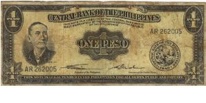 PI-133b Central Bank of the Philippines 1 Peso note. I will sell or trade this note for Philippine or Japan occupation notes I need. Banknote