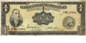 PI-133c Central Bank of the Philippines 1 Peso note. I will sell or trade this note for Philippine or Japan occupation notes I need. Banknote