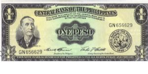 PI-133e Central Bank of the Philippines 1 Peso note. I will sell or trade this note for Philippine or Japan occupation notes I need. Banknote