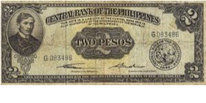 PI-134a Central Bank of the Philippines 2 Pesos note. I will sell or trade this note for Philippine or Japan occupation notes I need. Banknote