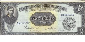 PI-134b Central Bank of the Philippines 2 Pesos note. I will sell or trade this note for Philippine or Japan occupation notes I need. Banknote