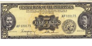 PI-135b Central Bank of the Philippines 5 Pesos note. I will sell or trade this note for Philippine or Japan occupation notes I need. Banknote