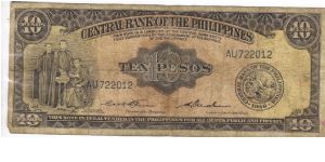PI-136c Central Bank of the Philippines 10 Pesos note. I will sell or trade this note for Philippine or Japan occupation notes I need. Banknote