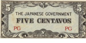 PI-103 Philippine 5 centavos note under Japan rule, block letters PG. I will sell or trade this note for Philippine or Japan occupation notes I need. Banknote