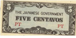 PI-103 Philippine 5 centavos note under Japan rule, block letters PT. I will sell or trade this note for Philippine or Japan occupation notes I need. Banknote