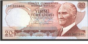 Orange-brown on multicolour underprint. Back dull brown on pale green underprint, mausoleum of Ataturk in Ankara at center on back. Banknote