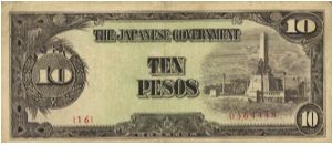 PI-111 Philippine 10 Pesos note under Japan rule, plate number 16. I will sell or trade this note for Philippine or Japan occupation notes I need. Banknote
