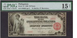 p19 1928 50 Peso Bank of the Philippine Islands (RARE 3 Digit Serial) Banknote