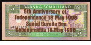 (Somaliland)

5 Shillings
Pk 8

(Indipendence Anniversary in Bronze - o.d 1994) Banknote