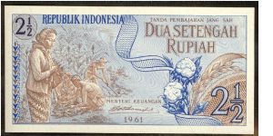 Indonesia 2 and a half (2.5) Rupiah 1961 P79 Banknote