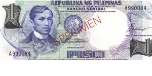 Philippine 1 Peso Specimen note. Banknote