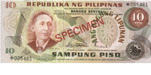 PI-148 Philippine 10 Pesos Specimen note. Banknote