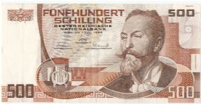 500 Schilling.

Architect Otto Wagner at right on face; Postal Office Savings Bank in Vienna at left center on back.

Pick #151 Banknote