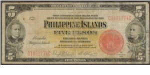 p75 1929 5 Peso Philippine Islands Treasury Certificate Banknote