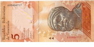 5 Bolivares.

Pedro Camejo at center in vertical format on face; two giant armadillos (Priodontes Maximus) at center, palm trees in Los Llanos in background on back.

Pick #NEW Banknote