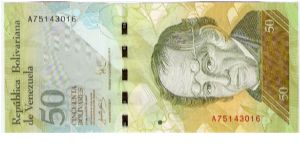 50 Bolivares.

Simón Rodrígues at center in vertical format on face; Spectacled bear (Tremarctos Ornatos) at center, Laguna del Santo Cristo (Parque Nacional Sierra Nevada) in background on back.

Pick #NEW Banknote