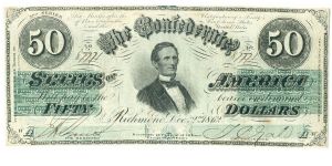 Type 50 Confederate $50 note. 'No Virginia' variety. Banknote