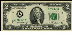 Series 1976 $2 San Francisco FRN.  Serial: L67045457A Banknote