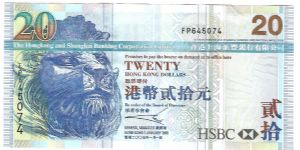 20 Dollars.

The Honk Kong & Shanghai Banking Corporation Limited.

Lion's head at left on face; the Peak Tram at center on back.

Pick #207 Banknote