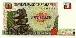 50 Dollars
Signed Governor LL Tsumba 
Matapos Rocks & Black Rhino
Black Rhino & Zimbabwe ruins
Security Thread
Watermark Zimbabwe Stone carved Bird Banknote