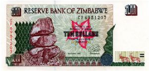 $10
Signed Governor LL Tsumba
Matapos Rocks & Sable Antelope
Sable Antelope, Cliffs & River
Security Thread
Watermark Zimbabwe Stone carved Bird Banknote