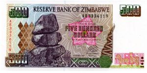 $500
Signed Governor LL Tsumba
Matapos Rocks & zebras
zebras & Power Station
Security Thread
Watermark Zimbabwe Stone carved Bird Banknote