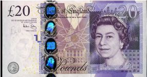 £20
Purple
Chief Cashier Andrew Bailey
Front  Bank of England, Holographic strip & BoE seal, QEII
Rev Adam Smith Author of 'Wealth of Nations' Scene from his book 'workers in a pin factory '
Security Thread
Watermark QEII Banknote