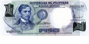 1 Piso
Blue's
Jose Rizal & Bank seal
Scene of Aguinaldo's Independence
Security stip
Watermark J Rizal Banknote