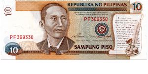 1 0 Piso
Brown/Blue
Apolinario Mabini, Bank seal, Document with quill pen & ink pot
Barasoain Church 
Security stip
Watermark A Mabini Banknote
