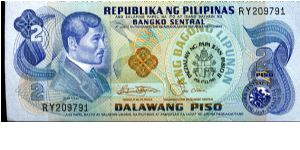 2 Piso
Papal visit 1981
Blue's/Orange
Jose Rizal & Bank seal, OP Papal seal & date
Scene of Aguinaldo's Independence
Security stip
Watermark J Rizal Banknote