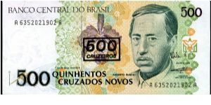 500 Cruzados on 500 Cruzados novos
Blue/Brown/Green
Mural, C protinari, Paint brushes in pot 
Artist & Mural
Security thread
Watermark C protinari Banknote