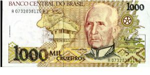 1000 Cruzados
Green/Orange
Native hut, C Rondon, Map of Brazil in background 
Native Children
Security thread
Watermark Head of Liberty Banknote